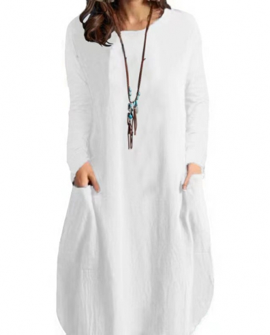 Women O Neck Cotton Linen Dress Fashion 