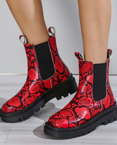 botas feminas  חדש חורף עגול בוהן דפוס נחש החלקה על רוק אופנה מגפי צלסי נשים נעלי פלטפורמה אלגנטיות ank