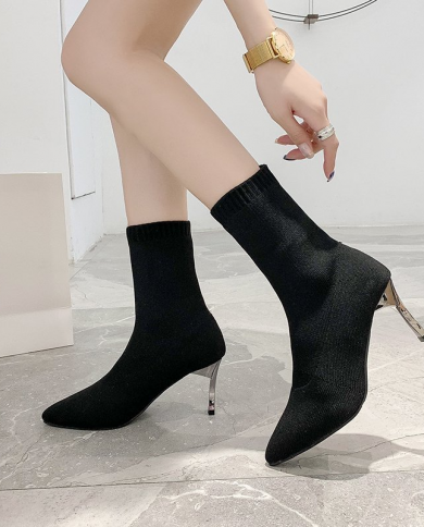 botas femininas  חדש בסגנון חורף מחודדת מגפיים קצרים סרוגים נמתחים נשים 7 סמ מגפי קרסול דקיקים
