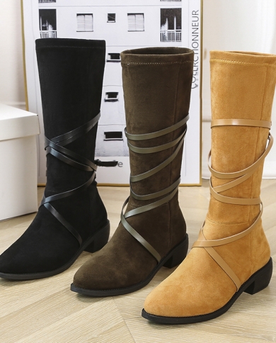 botas femininas מגפיים מערביים עקב עבה נשים  חורף חדש אופנה מחודדת ברך צינור אמצע עקב החלקה על knigh