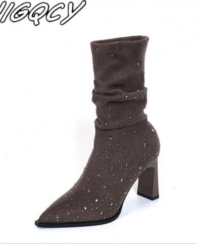 מגפונים עקב עבה rhinestone זמש נעלי נשים מחודדות להחליק מגפיים נשים אופנה חדשה בחורף משרד botas m
