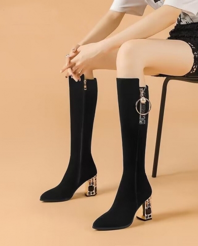botas de mujer מחודדת עקב מרובע מגפי אביר גבוה לברך נשים יהלומים מלאכותיים  חורף צד רוכסן מסיבת נשים bo