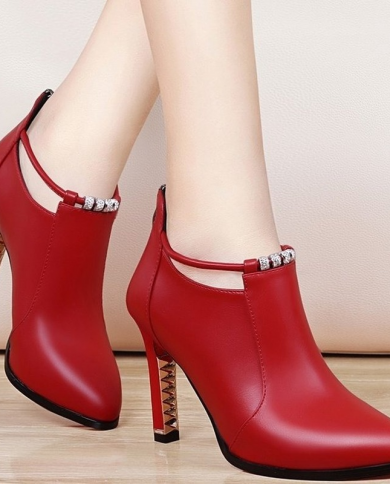 botas mujernew מגפי חורף נשים אצבע רדודה עגולה אדומה מגפי נשים עקבים דקים מגפי קרסול רוכסן עור pu zapatos de m