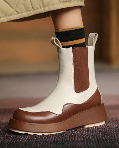 mezereon נשים botas עור פרה מגפי קרסול נעלי פלטפורמה אישה רצועה אלסטית סתיו חורף מגפי צלסי מעורב קולוראן