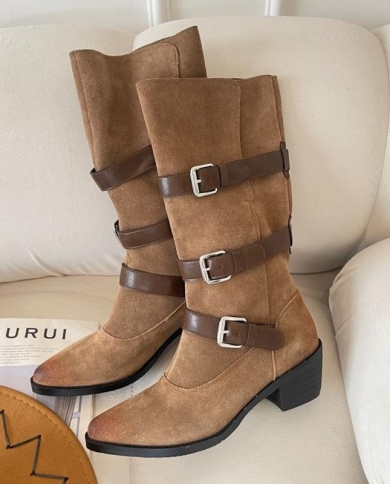 פרה זמש חורף botas בסגנון בריטי אביב סתיו מגפיים לנשים עם אבזם מגפיים מערביים אישה להחליק על נעליים פשוטות נאה