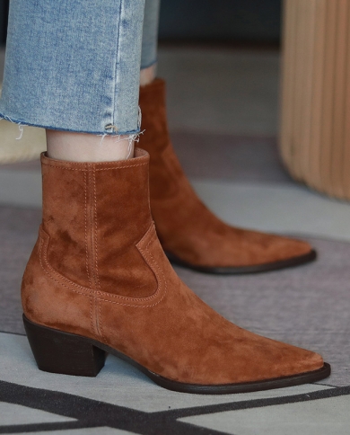 זמש כבשים חורף botas בסגנון בריטי אביב סתיו מגפי נשים עם רוכסנים מגפי קרסול מערביים מחודדים בעבודת יד ש