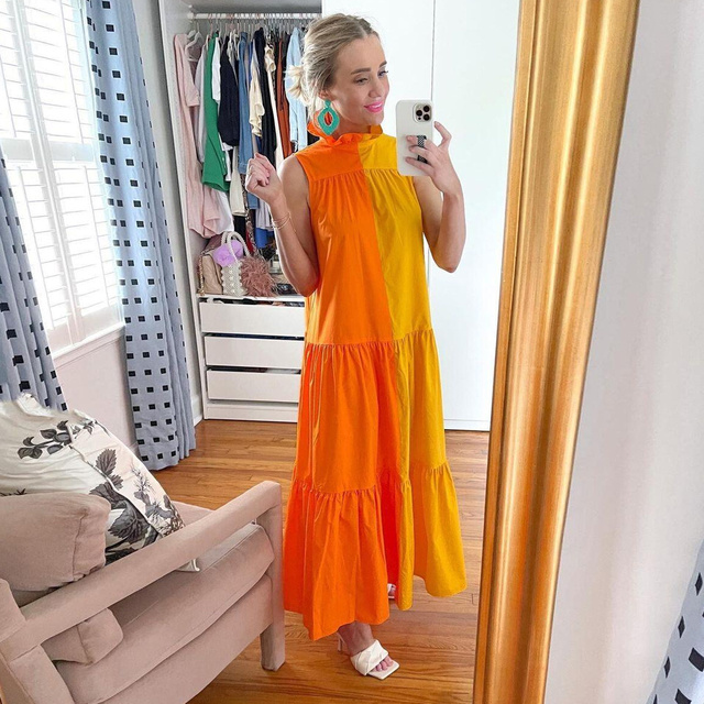 Cutubly Dress Color Patchwork Vestidos Dresses Outfits Maxi A Line Skirts  Casual Street Clothes Woman Slim Pleated Loos size XXL Color Orange yellow