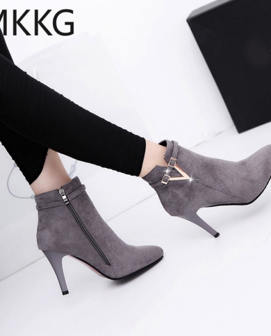 botas mujer invierno סתיו סטילטו דקות עקבים גבוהים אישה מחודדת בוהן פו עור רוכסן קרסול מגפי נשים a00339ankl