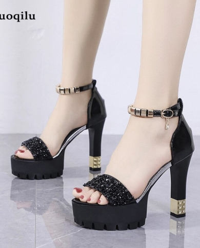 Sequins Platform Sandals Women Summer High Heels Shoes Fashion Peep Toe  Slides Nightclub Catwalk Wedding Dance Female Sa Color Grey Shoe Size 6