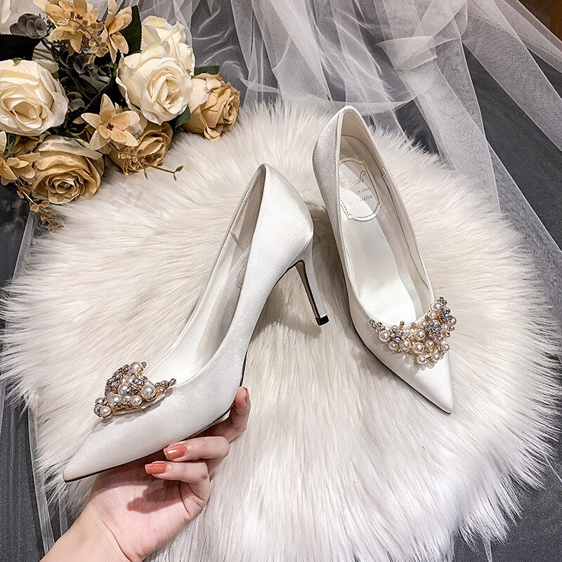 Pearl Crystal Wedding Shoes Woman Pumps Shallow Slip On Pointed Toe Talons  Stiletto High Heels Shoes Women Large Size 4 Color 7cm Shoe Size 