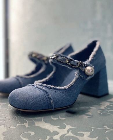 2022 Retro Denim Shoes Ladies Chunky High Heels Mary Jean Cloth Band Pearl  Chain Pumps Woman Patchwork Office Dress Bomb Shoe Size 6 Color 5cm Heels