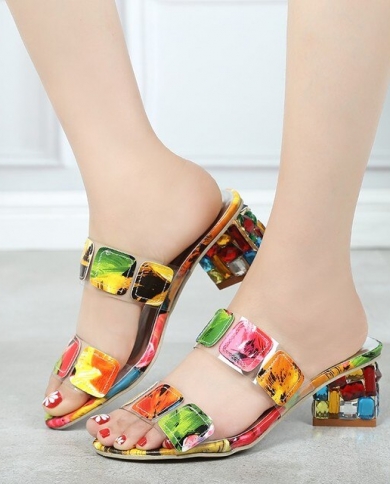 Colorful geo applique on sale chunky heeled sandals