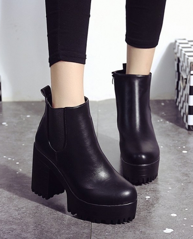 botas mujer אופנה נשים מגפי עקב מרובעים פלטפורמות zapatos mujer pu עור ירך מגפי משאבה גבוהה אופנוע נעלי שקע