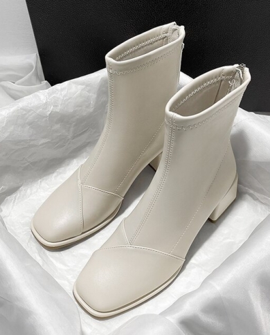 Square toed high heel leather ankle boots Clearance