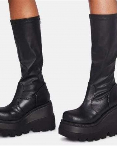 mulheres botas מגפי נשים שחורות נעלי פלטפורמה אופנה שרוכי צד רוכסן מגפיים תחתונים עבים