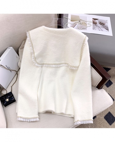 Luxury Elegant Pearl Buttons Lace Trim Neck Coat Jacket Women