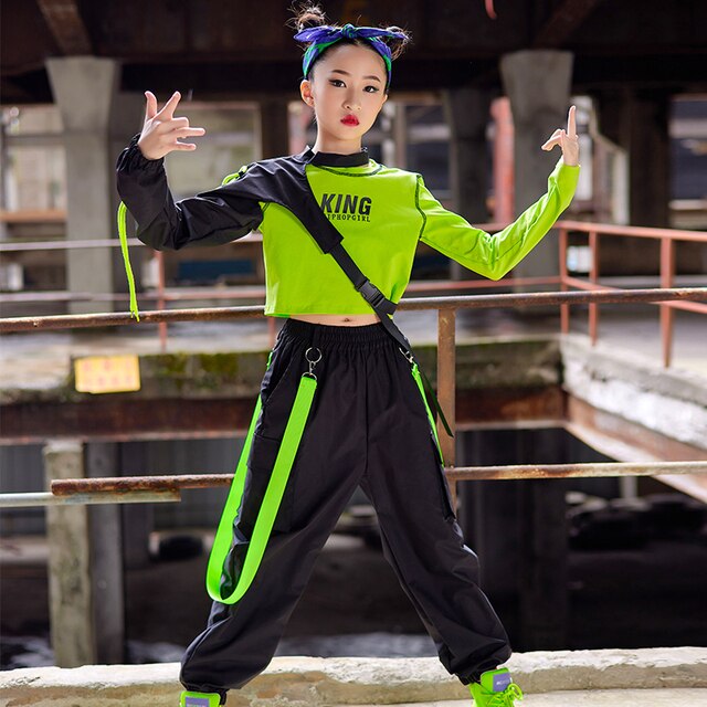 Детская одежда для танцев в стиле хип-хоп, костюм для джазового выступления для девочек, зеленые топы с пупком, черные штаны в с size 170cm צֶבַע Tops-Sleeves-Pants