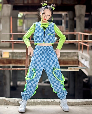Kids Jazz Dance Costume Hip Hop Girls Clothes Crop Tops Cargo Pants Loose  Casual Concert Performance Stage Outfit B size 120CM Color Tops-Vest 2pcs