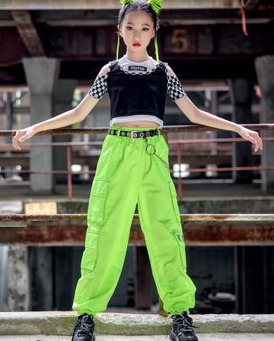 Hip Hop Dance Costume Girls Tops Fluorescent Green Pants Jazz Performance  Outfit Concert Rave Clothes Kpop Street Wear B size 130cm Color Tops And  Vest