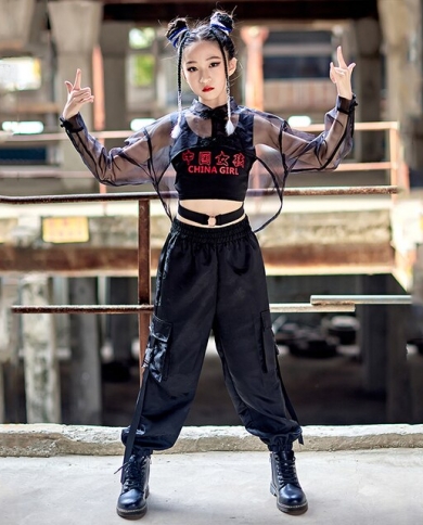 Summer Jazz Dance Clothes For Girls Cropped Black Mesh Tops Pants Hip Hop  Costume Kids Street Dance Performance Outfits size 120CM Color Vest-Tops- Pants