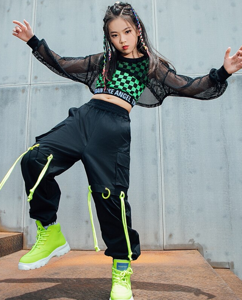 Ballroom Hip Hop Dancing Clothes Girls Net Tops Green Lattice Vest