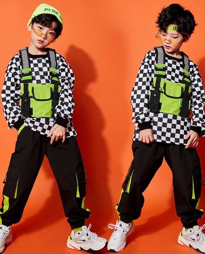Childrens Hip Hop Costume Boys Long Sleeve Plaid Tops Girls Street Jazz  Dancing Performance Suit Modern Stage Outfits B size 130cm Color Tops