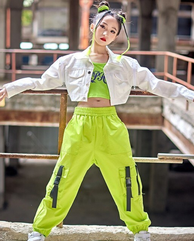 2022 Hip Hop Dance Costume For Girls White Vest With Fluorescent Green  Green Cargo Pants Womens Perfect For Jazz Performance And Street Dancing  BL6316 From Amarylly, $21.78