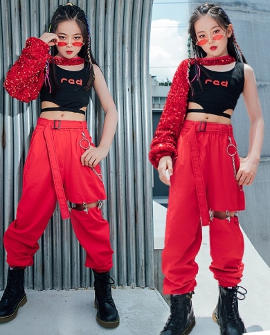 Kids Stage Costume Red Sequin Sleeves Hollow Pants Hip Hop Performance  Clothes For Girls Catwalk Jazz Festival Clothing size 170cm Color 5pcs