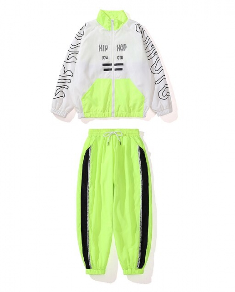 Children Hip Hop Girls Clothes Green Tops Pants Performance Suit Street