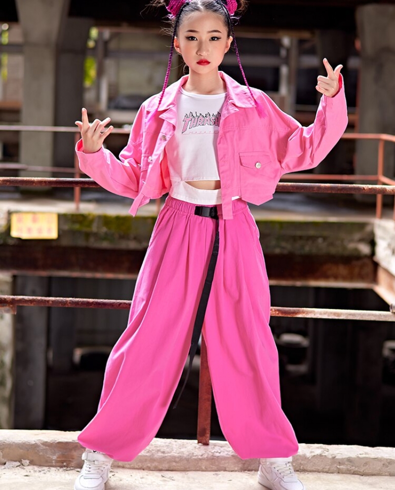 K Pop Одежда для современных танцев для девочек, розовое пальто, штаны, детский костюм в стиле хип-хоп, костюм для джазового кон size 150cm צֶבַע Tops-Coat 2pcs