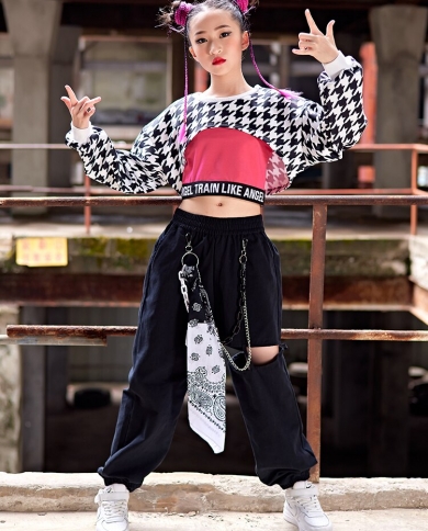 Girls Modern Dance Clothing Hip Hop Costume Cropped Tops Black Pants Kids  Jazz Street Dance Group Show Outfits Stage Wea size 170cm Color 4pcs