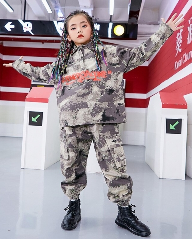 Childrens Hip Hop Clothes Camouflage Suit Girls Jazz Dance Costume Long  Sleeves Tops Pants Hiphop Performance Clothing size 150cm Color 2 pcs