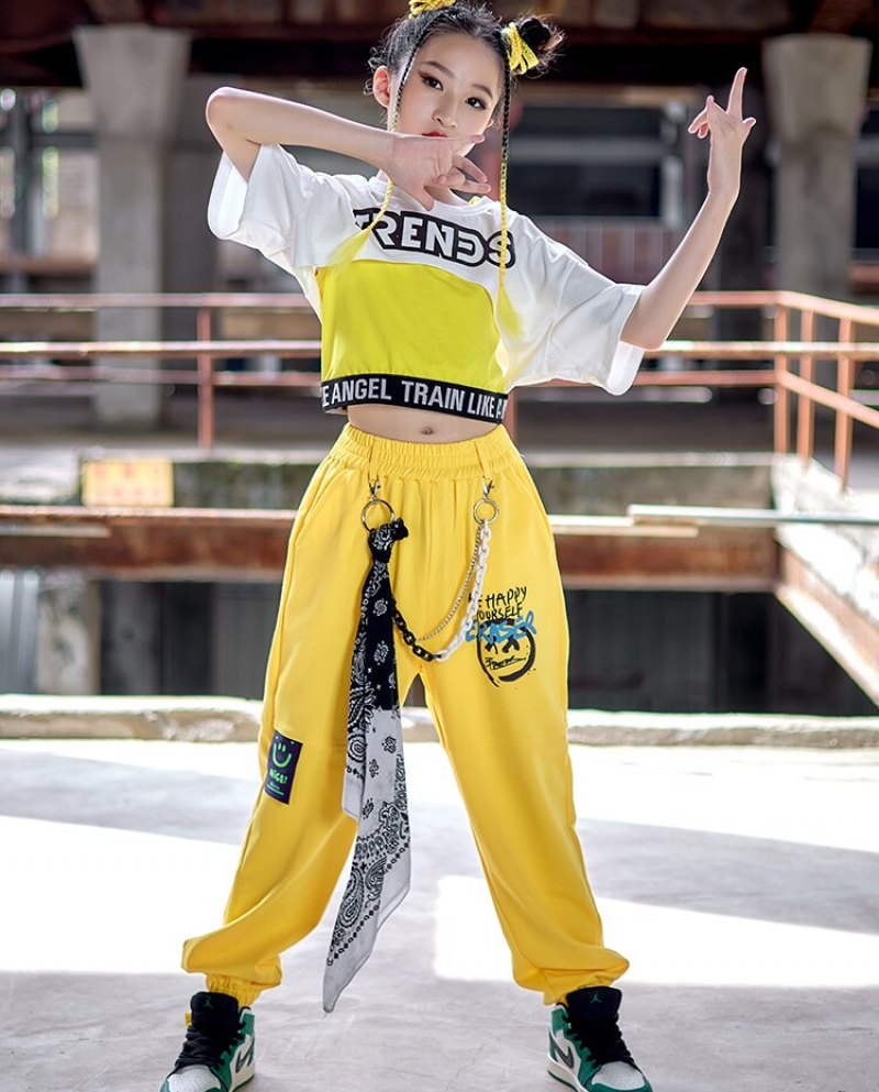 Kids Hip Hop Costume Jazz Dance Clothes For Girls Crop Tops Yellow Vest  Pants Ballroom Dancing Clothes Stage Show Outfit size 170cm Color 5pcs
