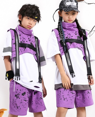 Fashion Kids Clothes Girls Hip Hop Dance Outfit Purple Vest Shorts Boys  Drum Concert Show Stage