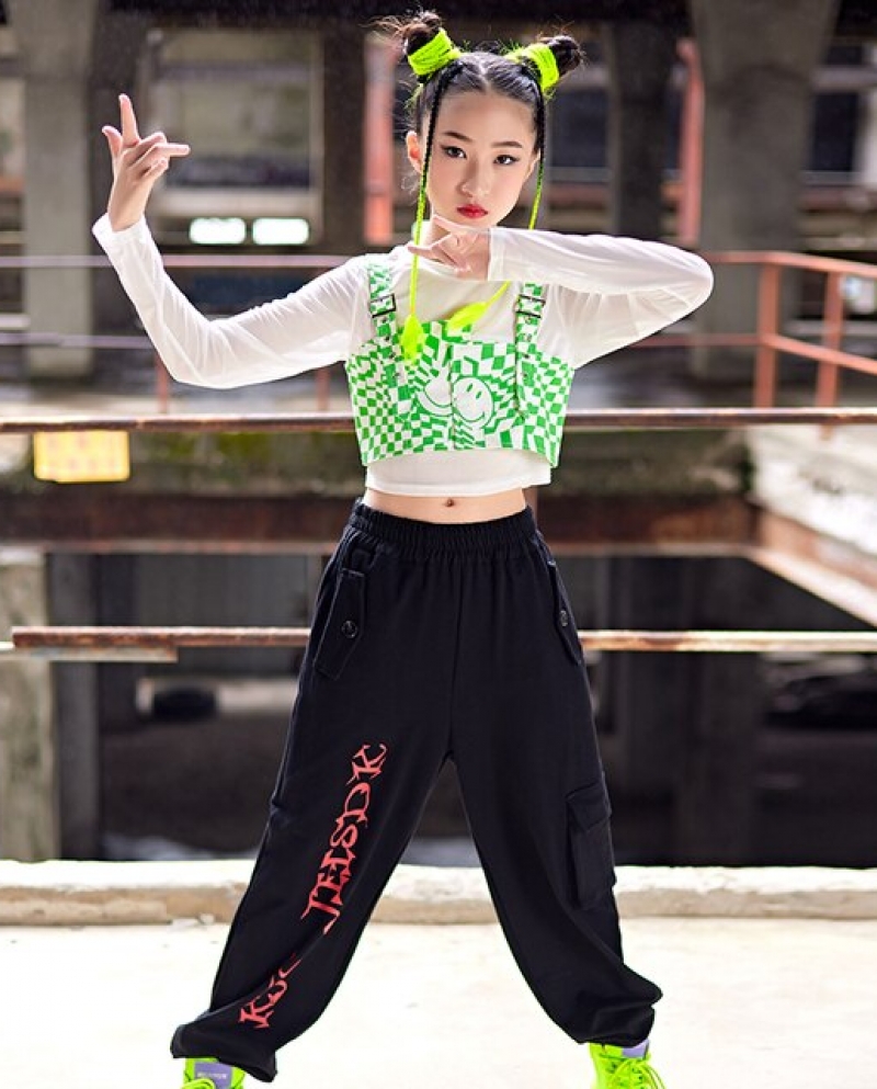 Kids Hip Hop Dance Costume Girls Group Dance Clothes Crop Tops Loose Pants  Long Sleeves Kpop Outfit Jazz Performance Wea size 120CM Color Vest-Tops-Pants  3pcs