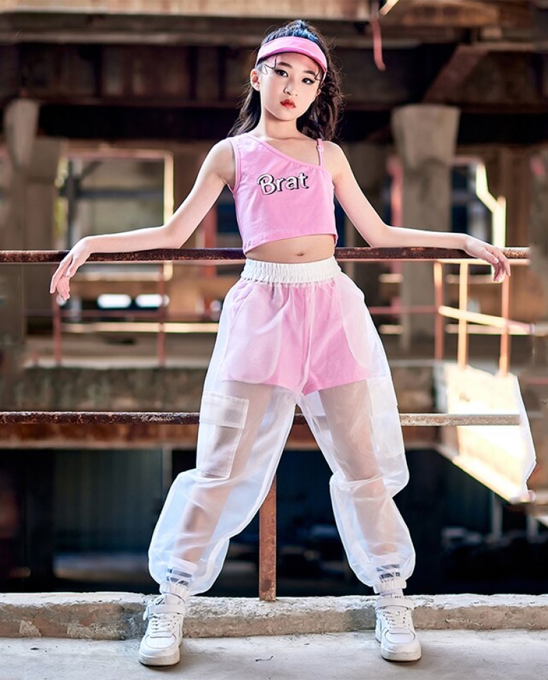 Summer Girls Clothes Hip Hop Dance Outfit Street Dance Jazz Performance  Wear Casual Fashion Mesh Pink Cropped Vest Pants size 150cm Color  Vest-Shorts-Pants