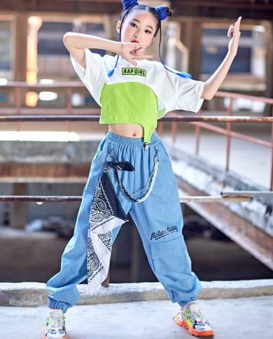 2023 New Children Street Dance Costume Hip Hop Clothing Girls Short Sleeves  Tops Pants Jazz Performance