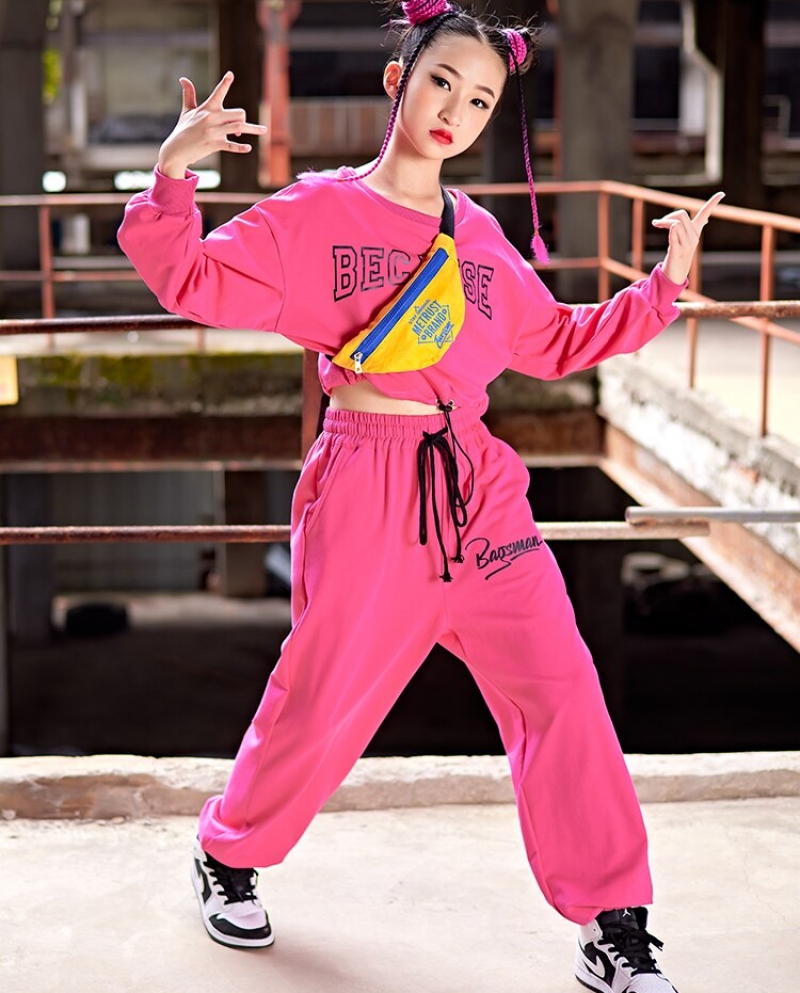 Hip Hop Girls Crop Top Pink Pants Sweatshirt Joggers Streetwear