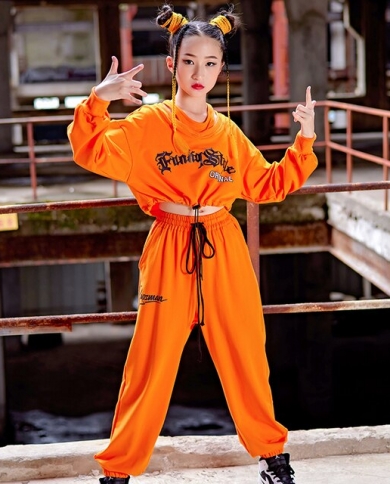 Girls Jazz Dance Clothes Kids Streetwear Orange Hiphop Suit Long Sleeves  Tops Loose Pants Modern Dance Performance Wear size 160cm Color 3pcs