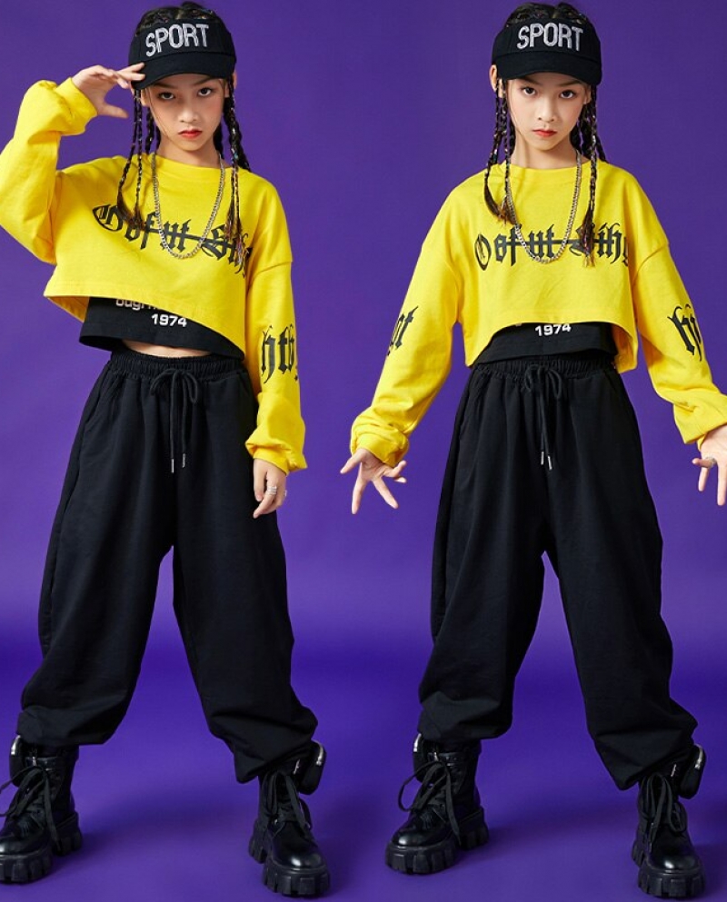 Hip Hop Costumes Long Sleeve Yellow Tops Black Pants For Girls Ballroom Jazz  Dance Clothes Street Stage Performance Wear BL5304