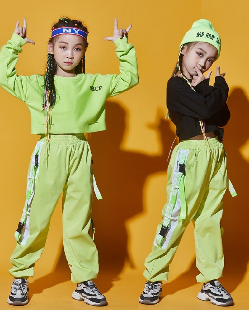 Kids Hip Hop Clothes Girls Jazz Dance Costume Neon Green Crop Tops