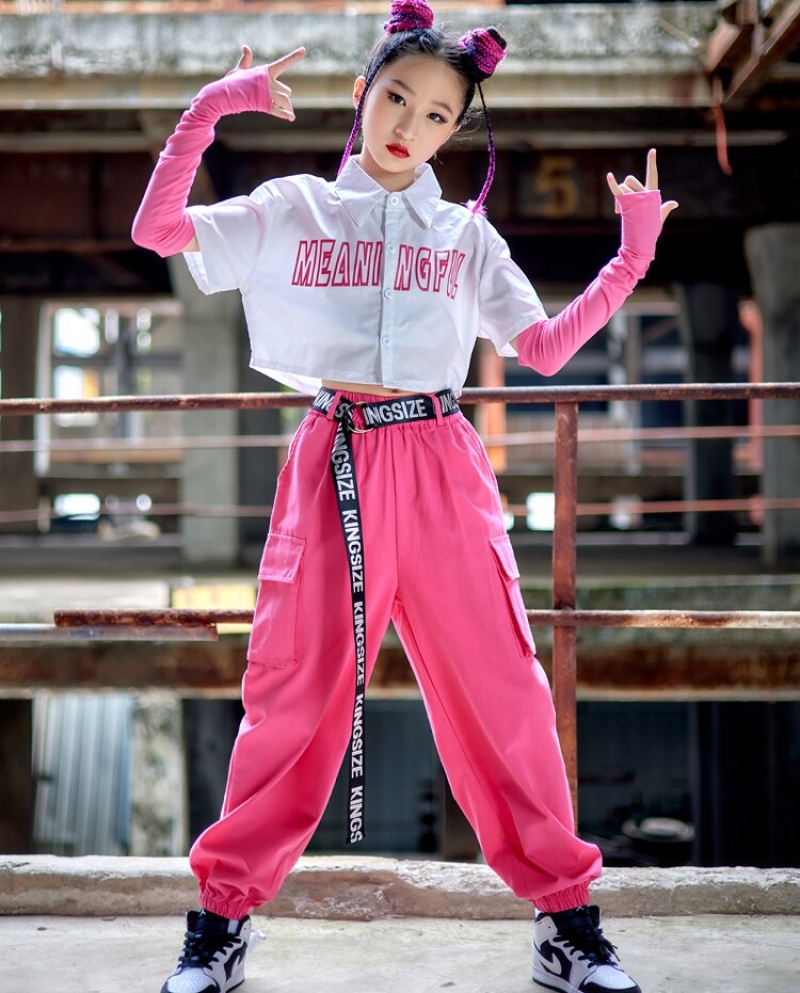 Girls Jazz Dance Costume Modern Hip Hop Clothing Tops Pink Pants For Kids  Street Dance Performance Outfit Kpop Stage Wea size 170cm Color Whole Suit
