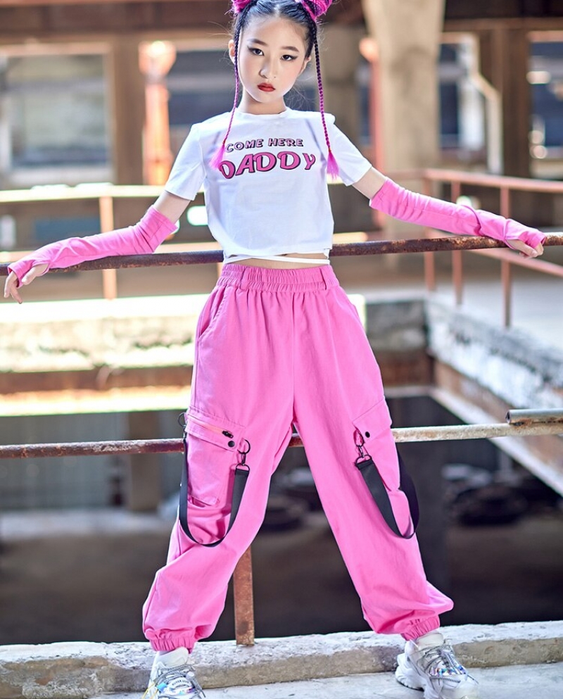 Modern Dance Clothes Jazz Performance Outfit Girls Hip Hop Cropped T Shirt  Pink Cargo Pants Children Street Wear Rave Bl size 150cm Color Tops-Pants - Sleeves