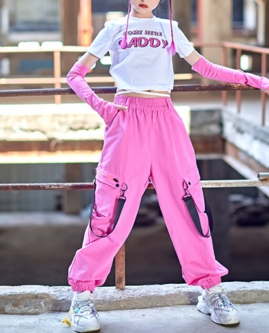 Одежда для современных танцев, костюм для выступлений в стиле джаз, укороченная футболка в стиле хип-хоп для девочек, розовые шт size 150cm צֶבַע Tops-Pants -Sleeves