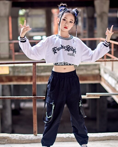 Girls Hip Hop Street Dance Costume Set With Hooded Sweater, Black