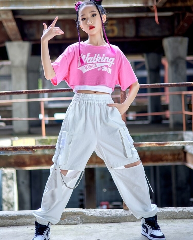 Kids performance Hip Hop Dancing Clothing Sweatshirt Crop Tops Pink Pants  Girls Drum Concert Jazz Dance Costume Clothes Wear