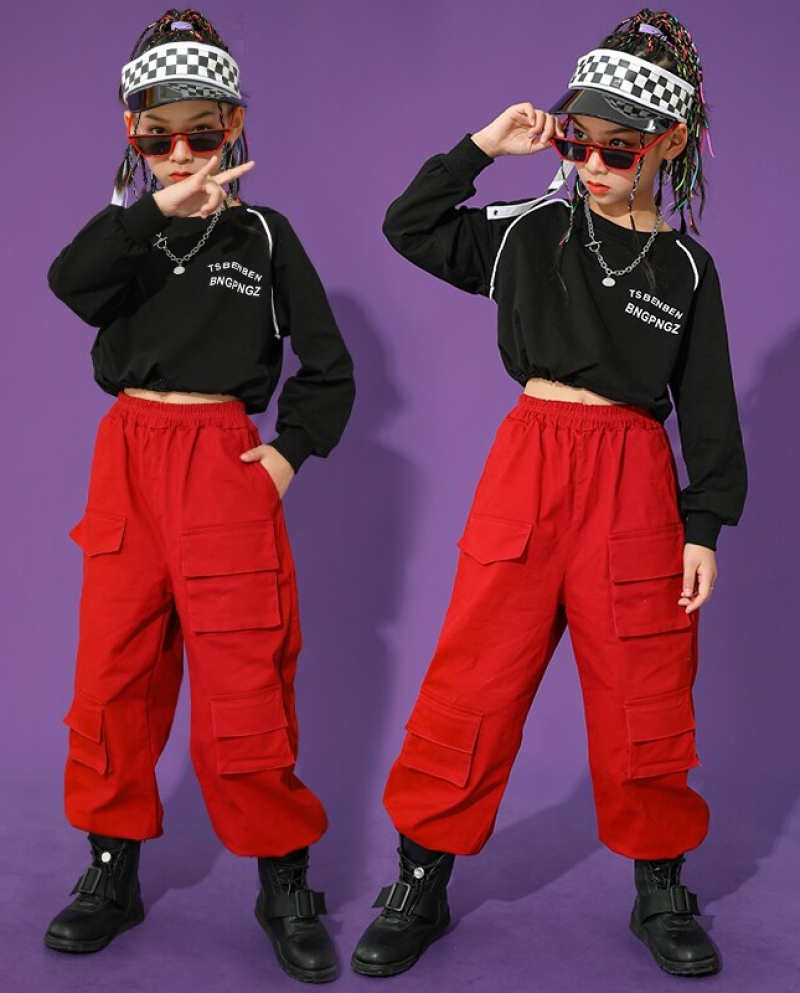 Kids Hip Hop Dance Clothes Black Sweatshirt Red Cargo Pants For