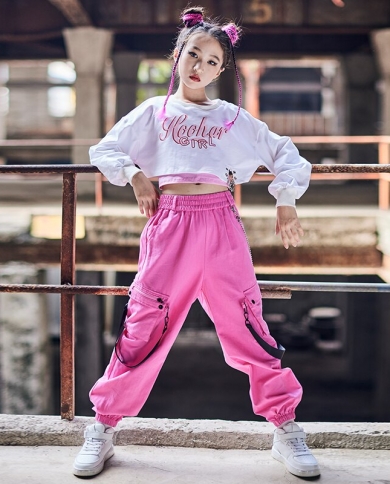 Modern Jazz Dance Clothes Girls White Long Sleeves Tops Loose Pink Pants Hip  Hop Kids Street Dance Practice Show Costume size 160cm Color 3pcs