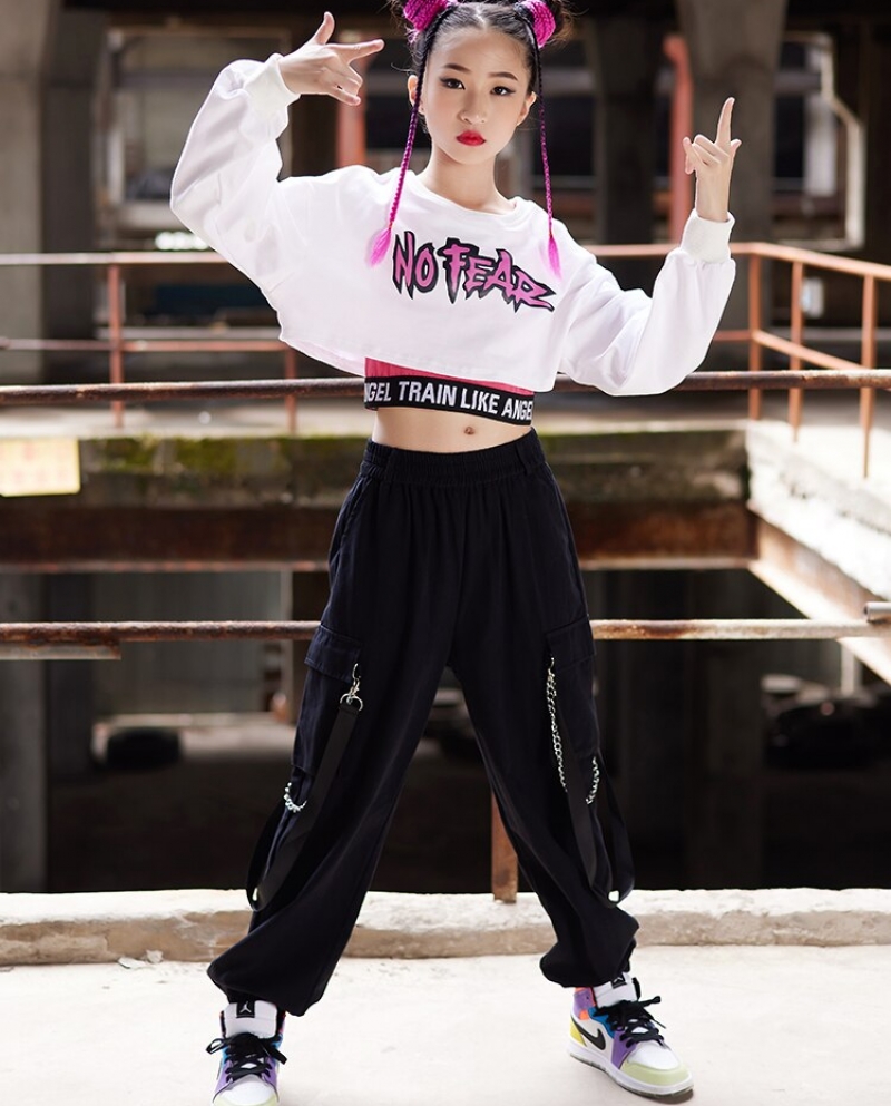 Modern Jazz Dance Clothes Girls White Long Sleeves Tops Loose Pink Pants  Hip Hop Kids Street Dance Practice Show Costume size 160cm Color 3pcs