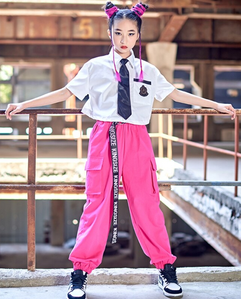 Girls Hip Hop Street Dance Clothes Summer Short Sleeves Tops Pink